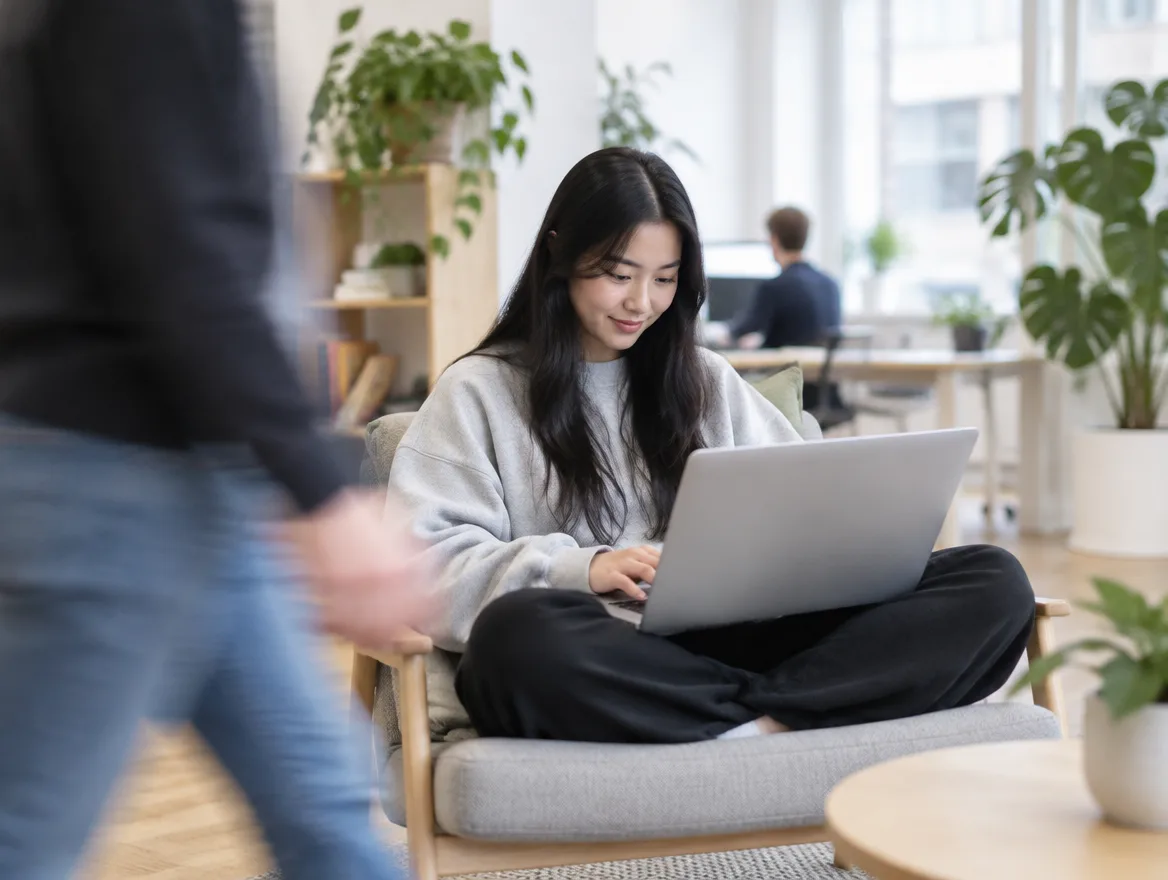 Eine Frau prüft im Loungesessel ein Dashboard auf dem Laptop, vorne läuft verwischt ein Kollege vorbei