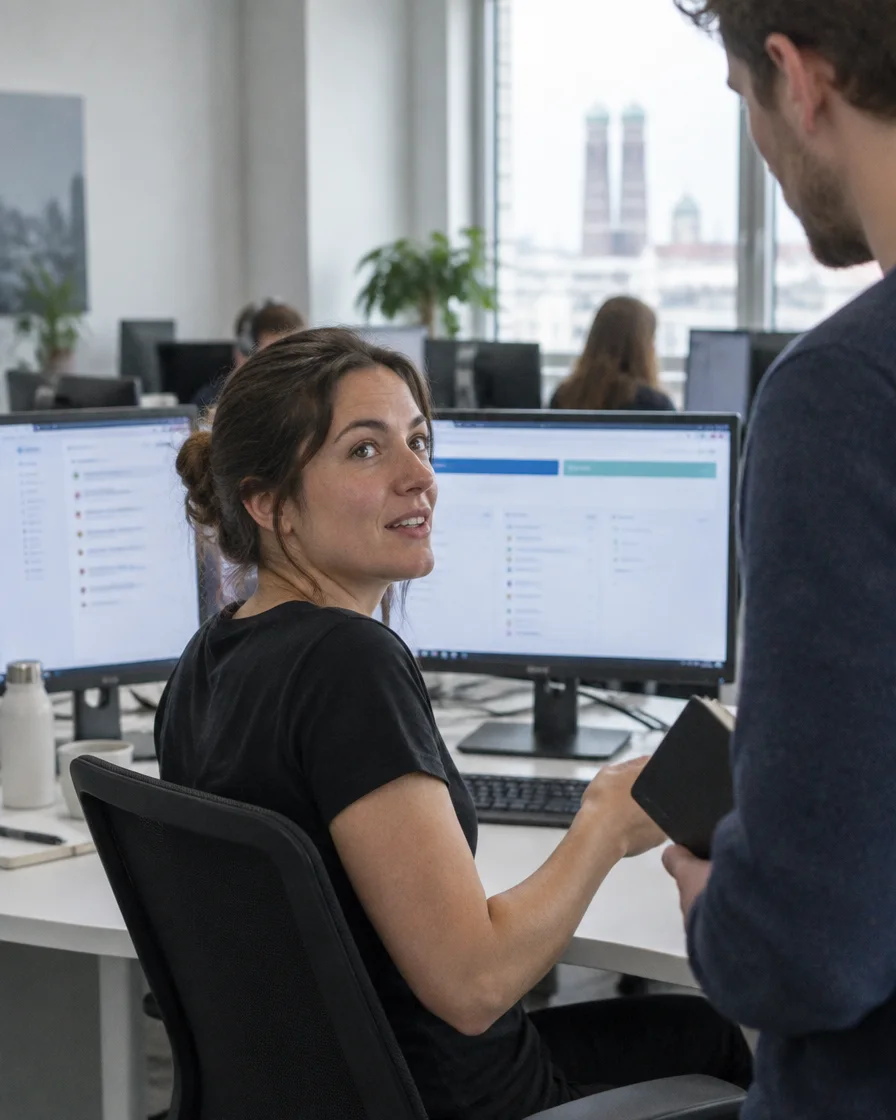 Eine Entwicklerin am Arbeitsplatz mit einer Web-Anwendung auf dem Bildschirm, im Gespräch mit einem Kollegen